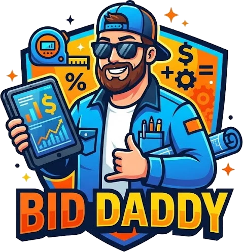 Bid Daddy mascot holding a tablet in front of a shield